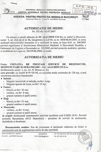 Autorizație de Mediu Nr. 352 / 02.07.2007