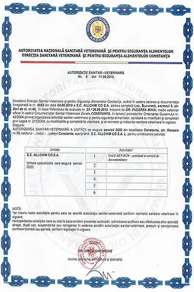 Autorizație Sanitar - Veterniară Nr. 8 / 11.06.2010