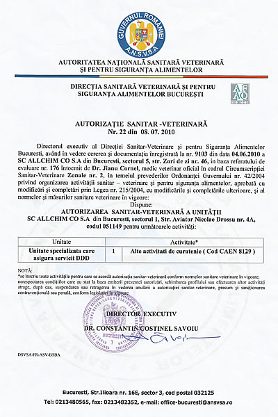 Autorizație Sanitar - Veterniară Nr. 8 / 11.06.2010