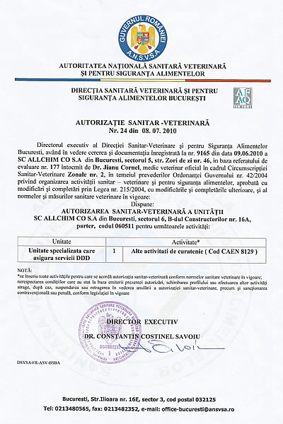 Autorizație Sanitar - Veterniară Nr. 8 / 11.06.2010